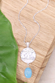 Blue Murano Glass & Hammered Disc Pendant Necklace - SF