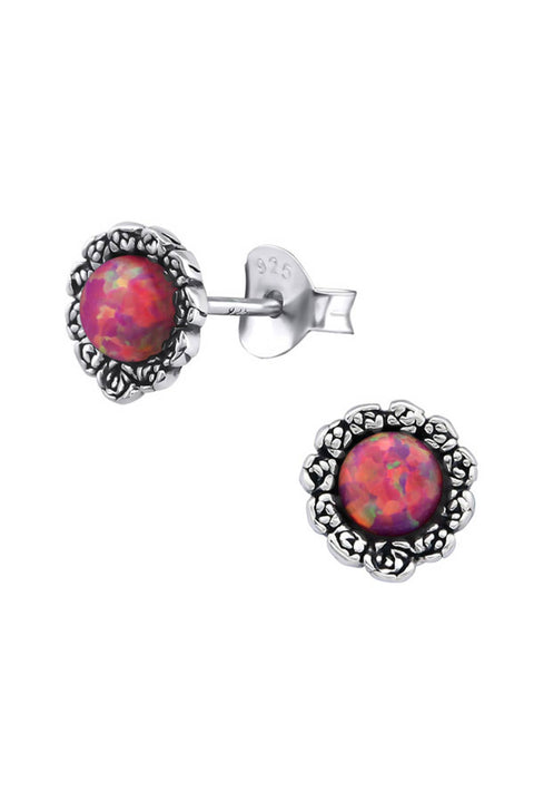 Sterling Silver Flower Ear Studs With Opal - SS