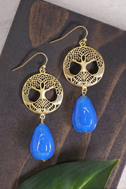 Blue Murano Glass & Tree Of Life Drop Earrings - GF