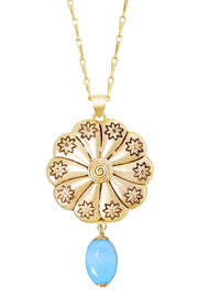 Blue Murano Glass & Hammered Floral Disc Necklace - GF