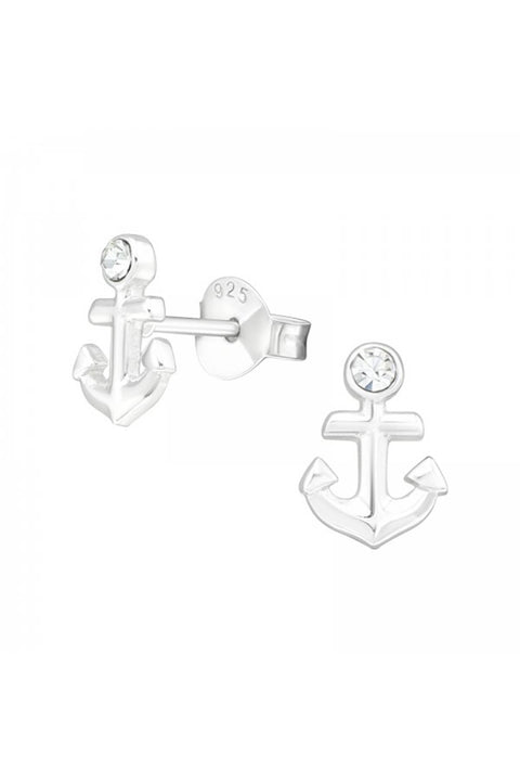 Sterling Silver Anchor Ear Studs With Crystal - SS