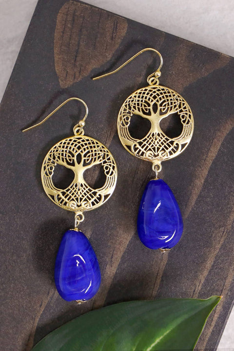 Blue Murano Glass & Tree Of Life Drop Earrings - GF