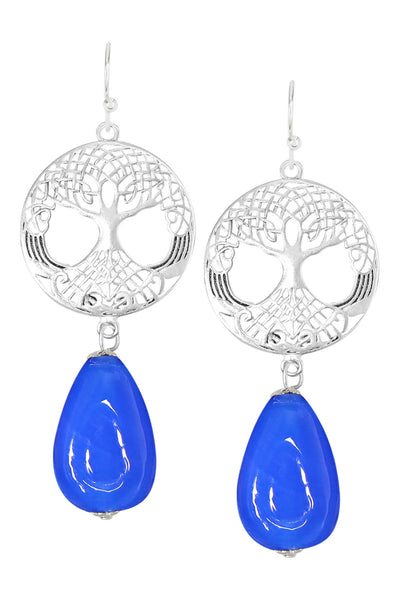 Blue Murano Glass & Tree Of Life Drop Earrings - SF