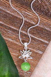 Green Murano Glass & Lotus Pendant Necklace - SF