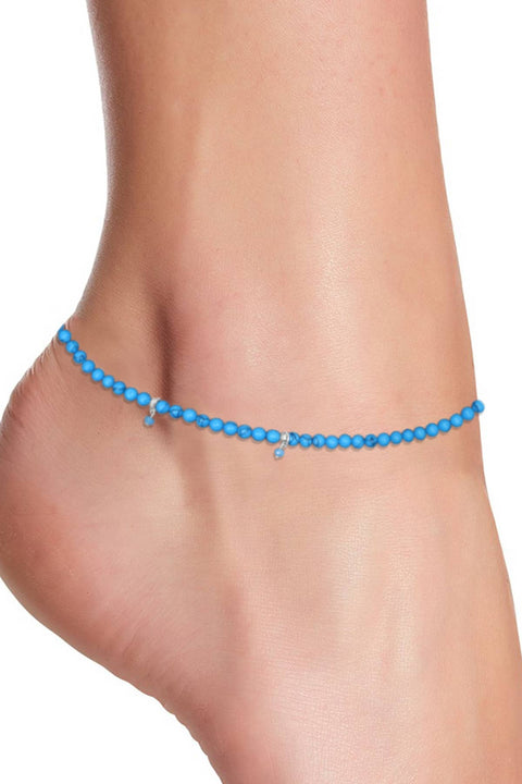 Turquoise Beaded Anklet In Silver - SF