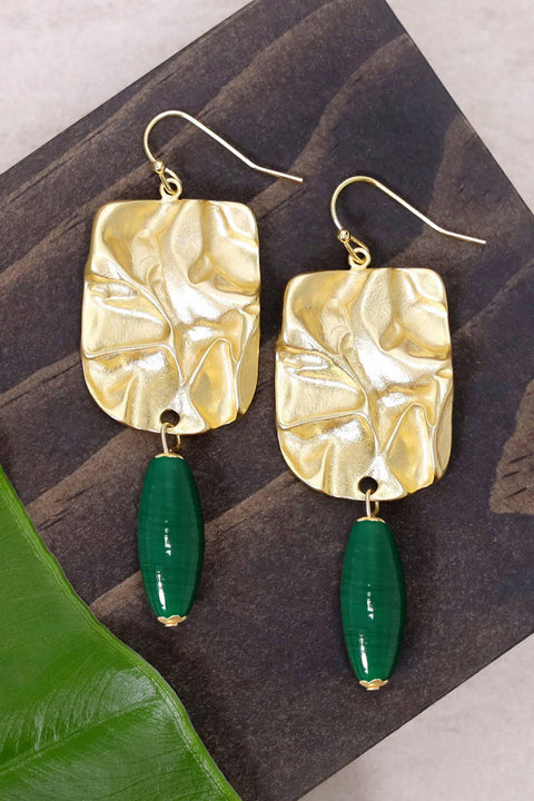 Green Murano Glass & Wave Textured Drop Earrings - GF