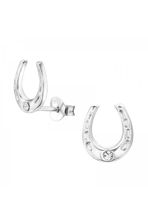 Sterling Silver Horseshoe Ear Studs With Crystal - SS