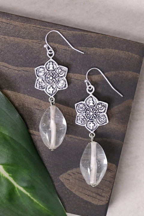 Clear Murano Glass & Coexist Lotus Drop Earrings - SF