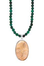 Malachite Beads Necklace With Lily Fossil Pendant - SF