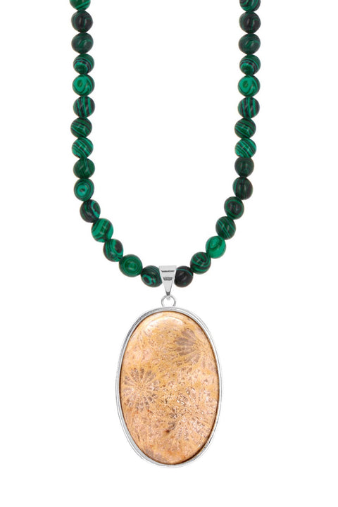 Malachite Beads Necklace With Lily Fossil Pendant - SF