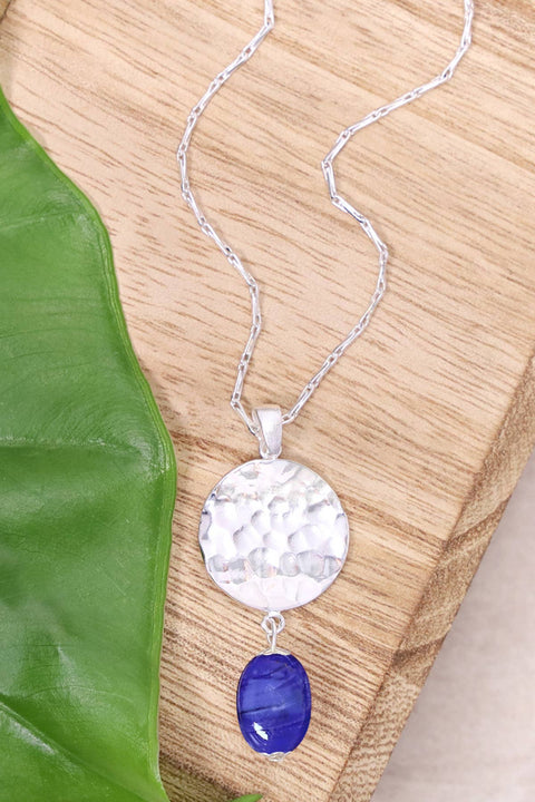 Blue Murano Glass & Hammered Disc Pendant Necklace - SF