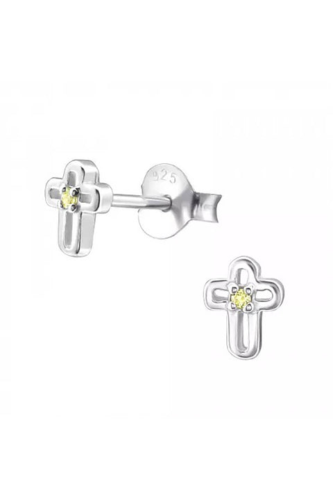 Sterling Silver Birthstone Cross Ear Studs With CZ - SS