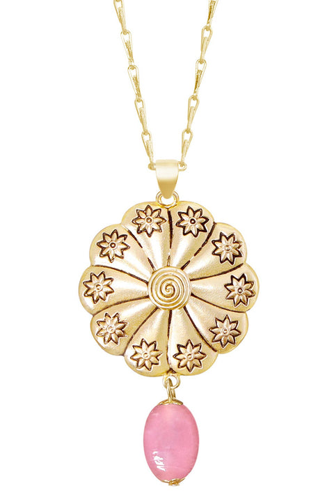 Pink Murano Glass & Hammered Floral Disc Necklace - GF