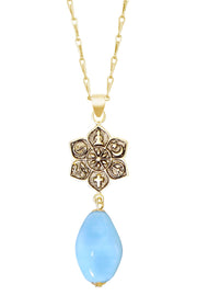 Blue Murano Glass & Coexist Lotus Pendant Necklace - GF