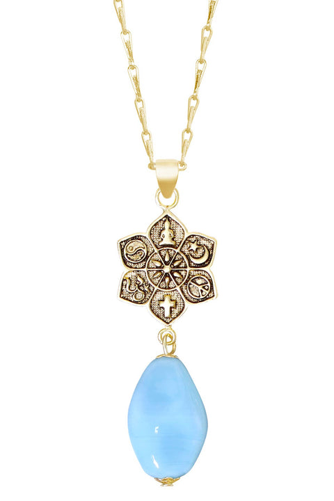 Blue Murano Glass & Coexist Lotus Pendant Necklace - GF