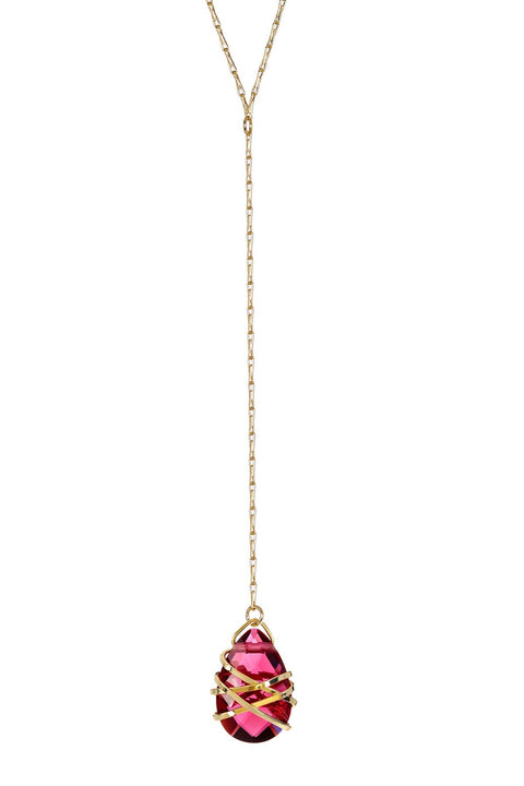 Raspberry Crystal Wire Wrap Long Y Necklace - GF