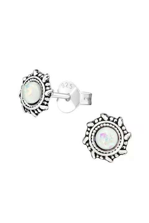 Sterling Silver Oxidized Ear Studs With Synthetic Opal - SS