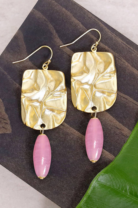 Pink Murano Glass & Wave Textured Drop Earrings - GF