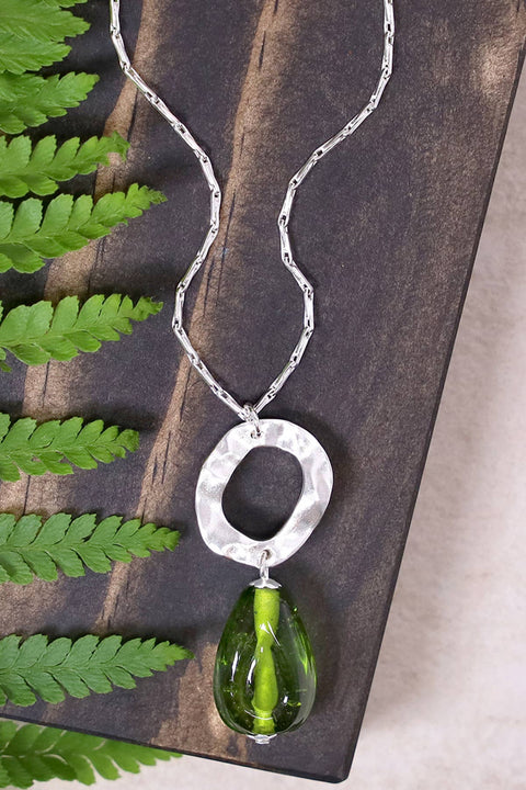 Peridot Murano Glass & Hammered Hoop Pendant Necklace - SF