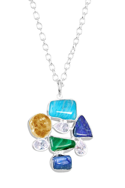 Sterling Silver Gemstone & CZ Geometry Pendant Necklace - SS