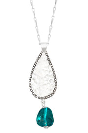 Teal Murano Glass & Hammered Teardrop Pendant Necklace - SF