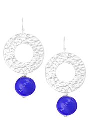 Blue Murano Glass & Hammered Circle Drop Earrings - SF