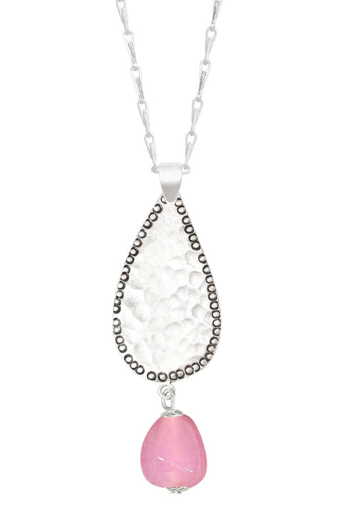 Pink Murano Glass & Hammered Teardrop Pendant Necklace - SF