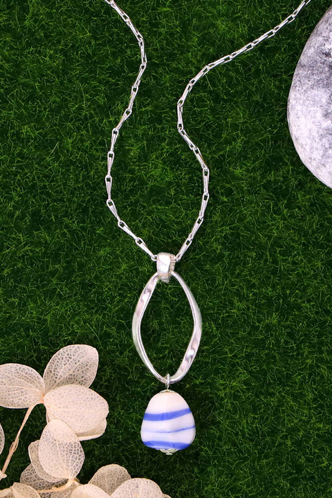 Blue Murano Glass & Freeform Hoop Pendant Necklace - SF