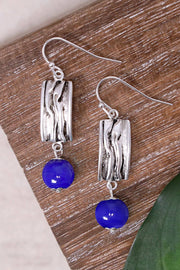 Blue Murano Glass & Textured Rectangle Drop Earrings - SF