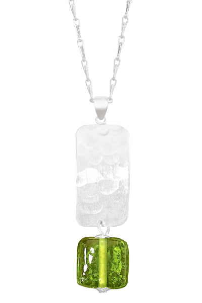 Peridot Murano Glass & Hammered Rectangle Necklace - SF