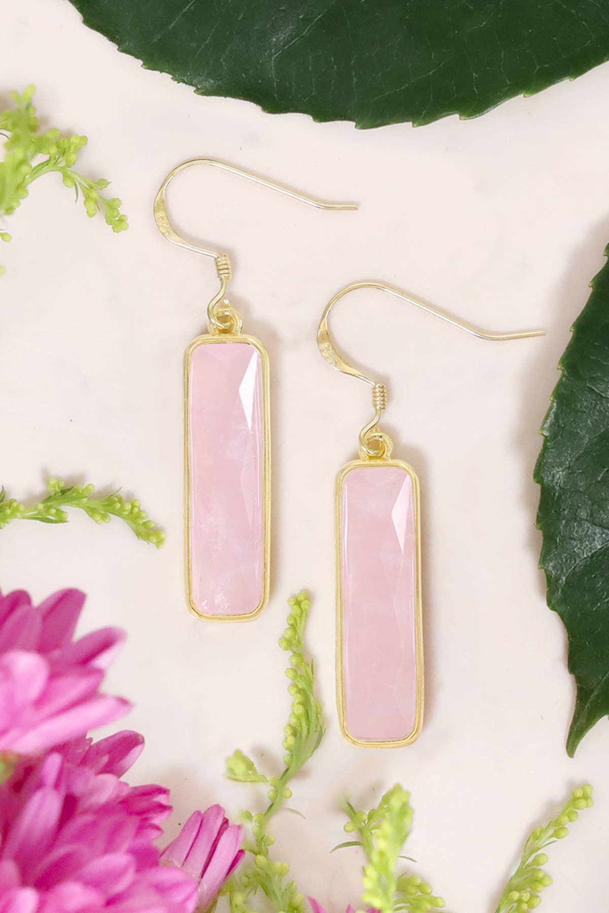 Rose Quartz Rectangle Drop Earrings - GF