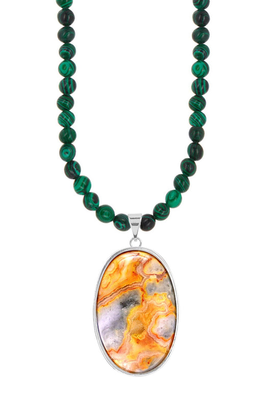 Malachite Beads Necklace With Crazy Lace Agate Pendant - SS