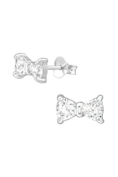 Sterling Silver Bow Tie Ear Studs With Cubic Zirconia - SS