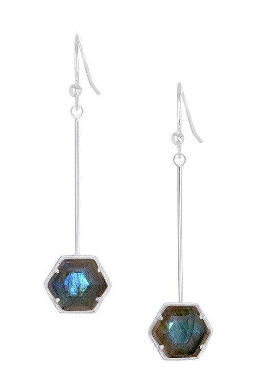 Sterling Silver & Labradorite Hexagon Dangle Earrings - SS