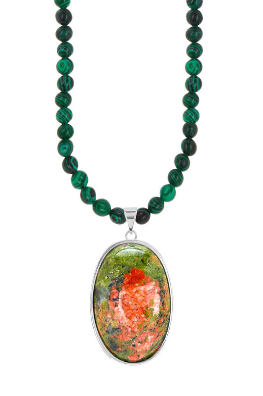 Malachite Beads Necklace With Unakite Pendant - SS