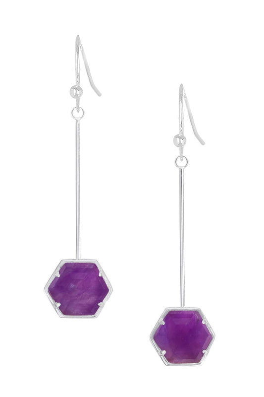 Sterling Silver & Amethyst Hexagon Dangle Earrings - SS