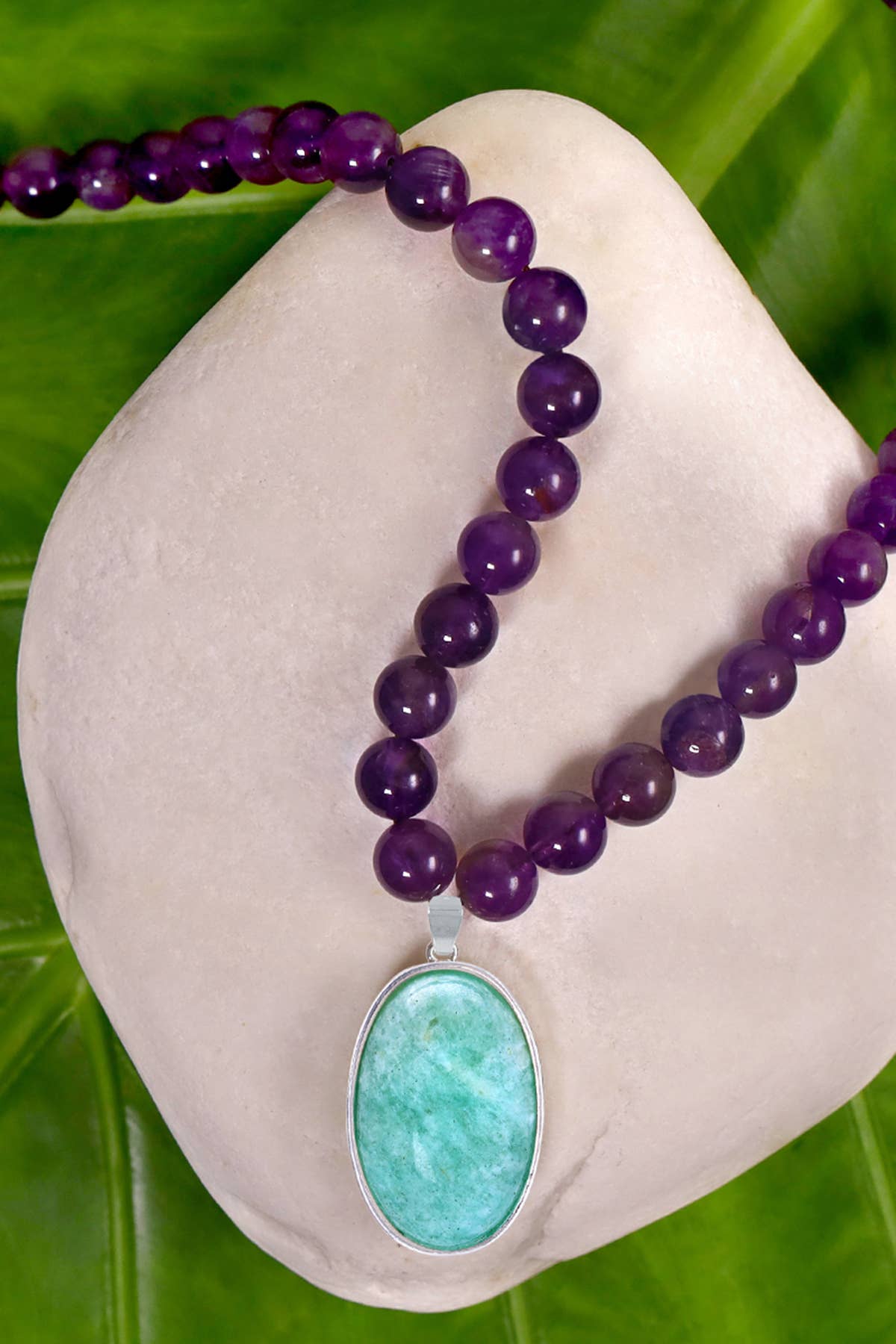 Amethyst Beads Necklace With Amazonite Pendant - SS
