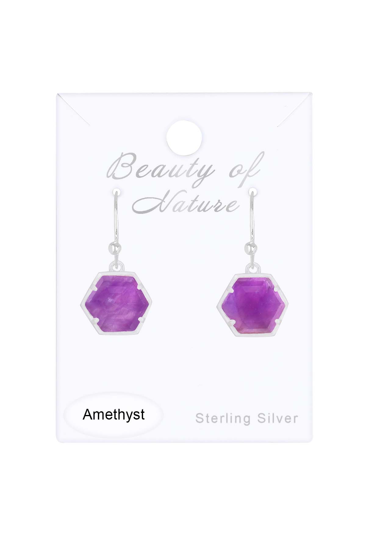 Sterling Silver & Amethyst Hexagon Drop Earrings - SS