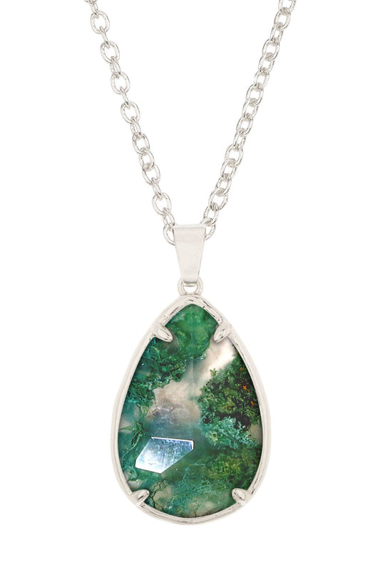 Sterling Silver & Moss Agate Pear Cut Pendant Necklace - SS