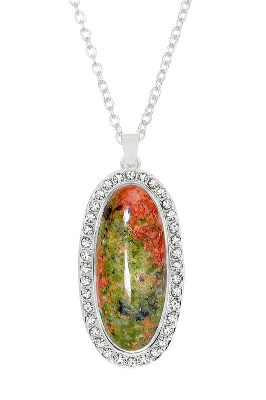 Sterling Silver & Unakite Halo Pendant Necklace - SS