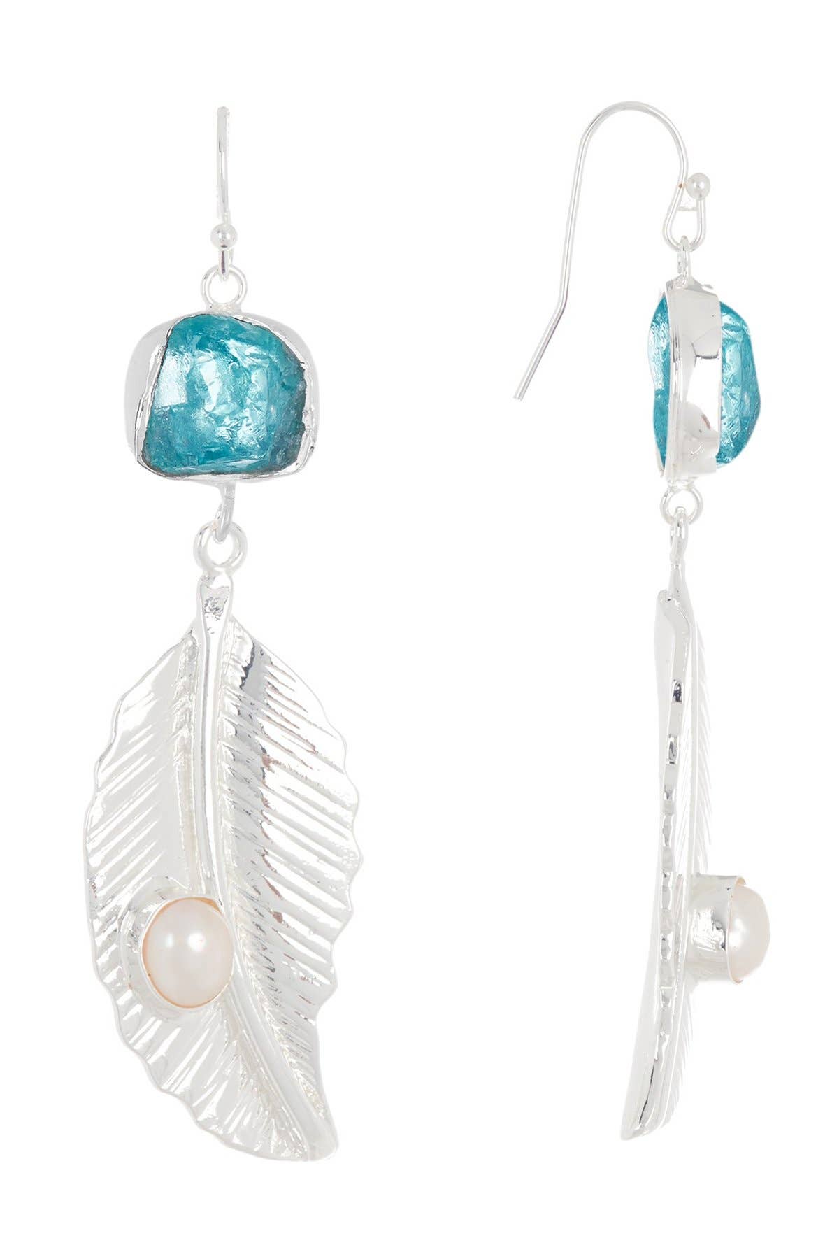 Aquamarine With Pearl Feather Drop Earrings - SS