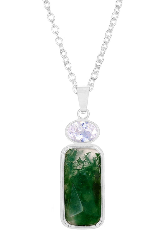 Sterling Silver & Moss Agate With CZ Pendant Necklace - SS