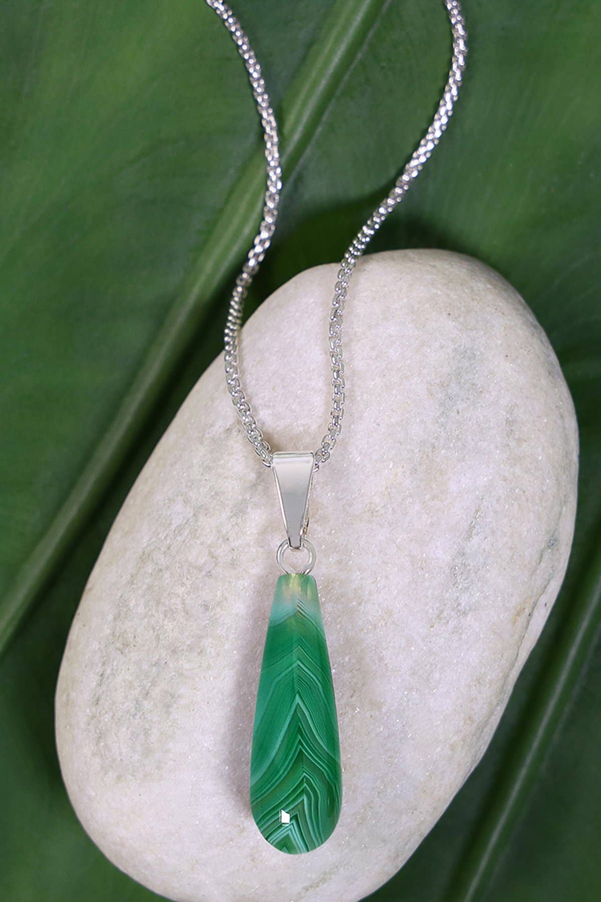 Sterling Silver & Green Lace Agate Teardrop Necklace - SS