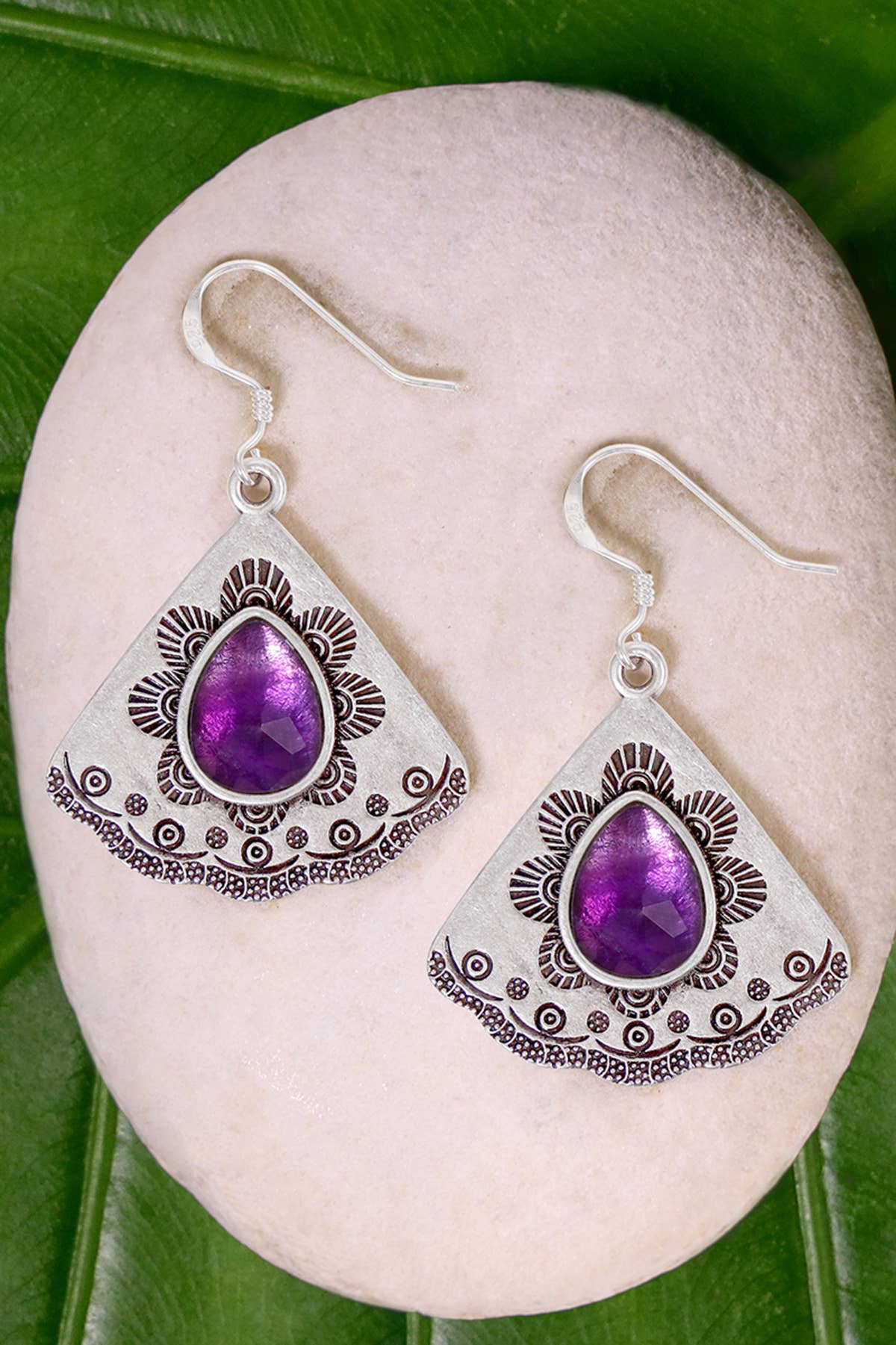 Sterling Silver & Amethyst Vintage Fan Earrings - SS