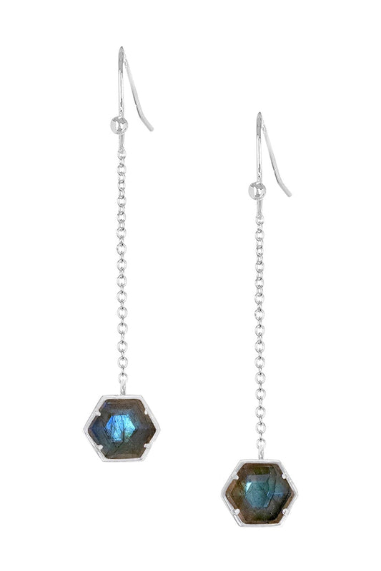 Sterling Silver & Labradorite Hexagon Drop Earrings - SS