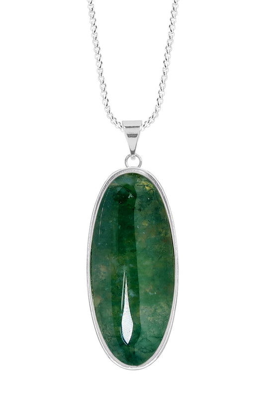 Sterling Silver & Moss Agate Oval Pendant Necklace - SS