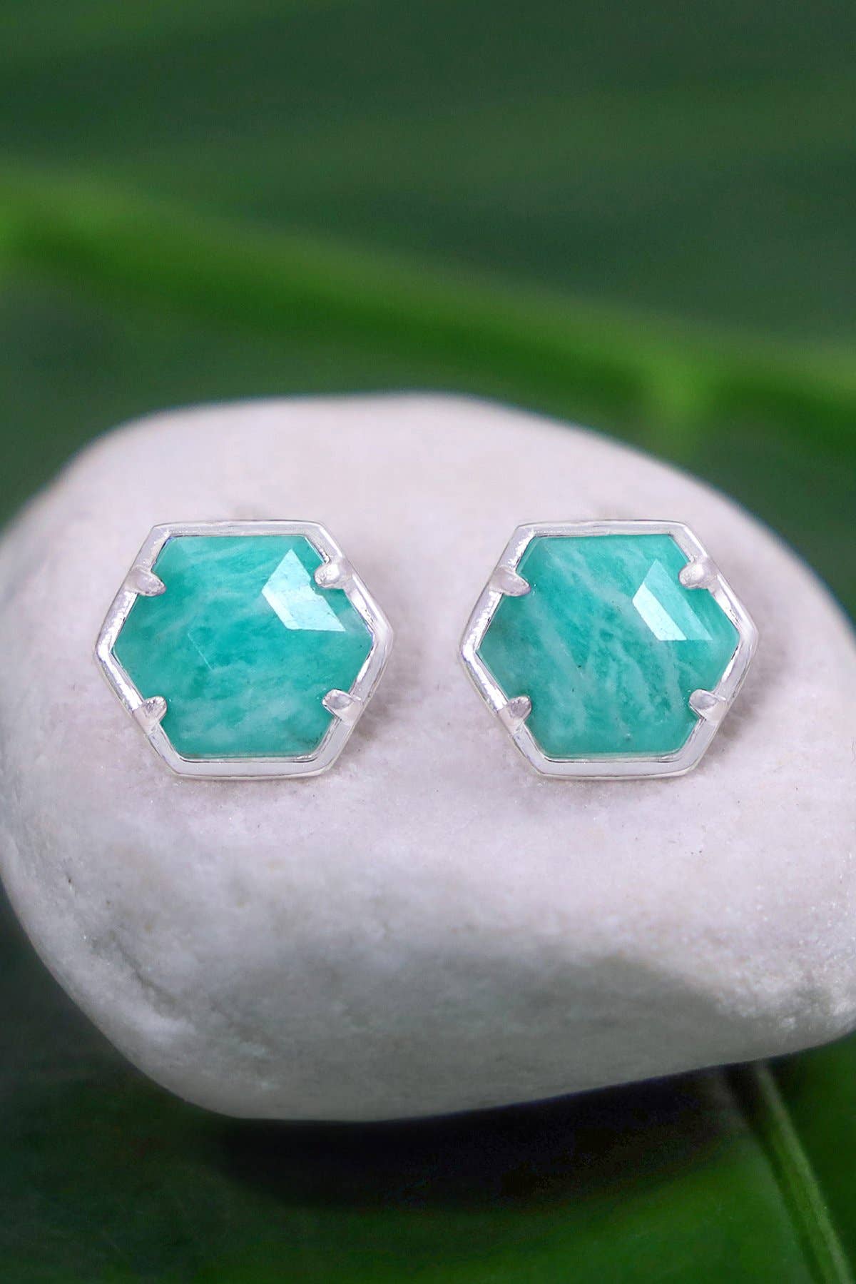 Sterling Silver & Amazonite Hexagon Post Earrings - SS