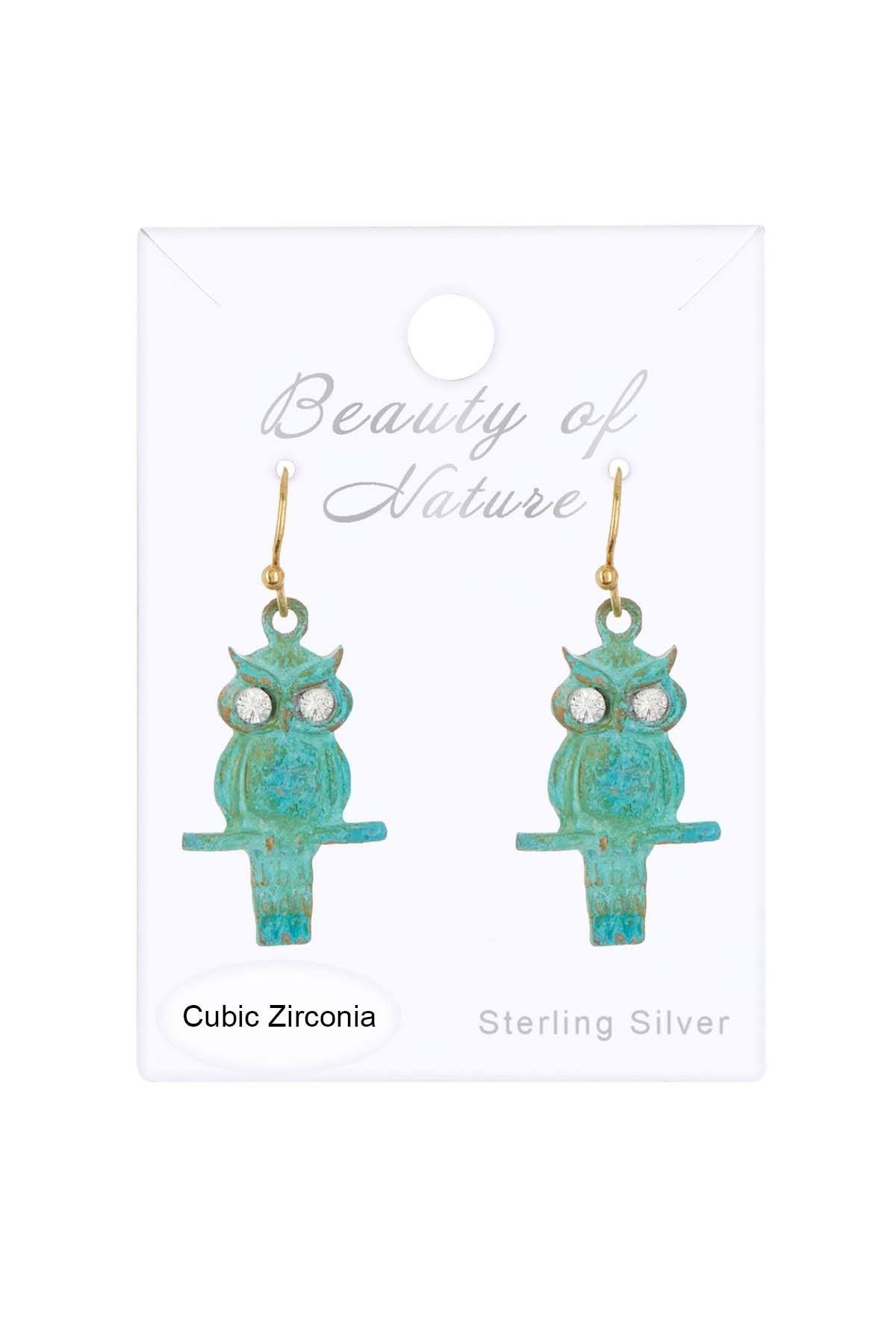 Natural Verdigris Patina Owl Drop Earrings - GF