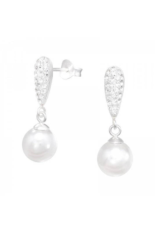 Sterling Silver Crystal and Hanging Pearl Ear Studs - SS