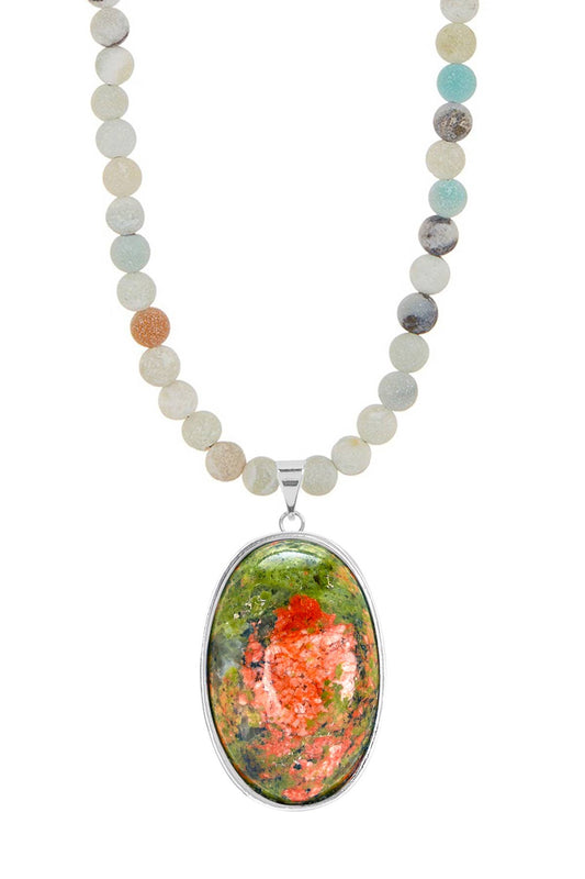 Amazonite Beads Necklace With Unakite Pendant - SS